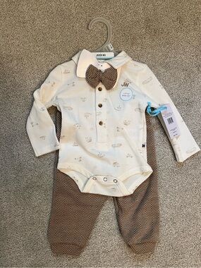 NWT Jason Wu Little Man Set Cream & Brown Bow-Tie 3 Piece Set 3-6 months